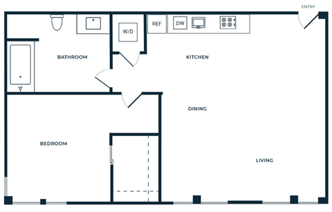Floor plan for 1 bed, 1 bath, 650 sqft